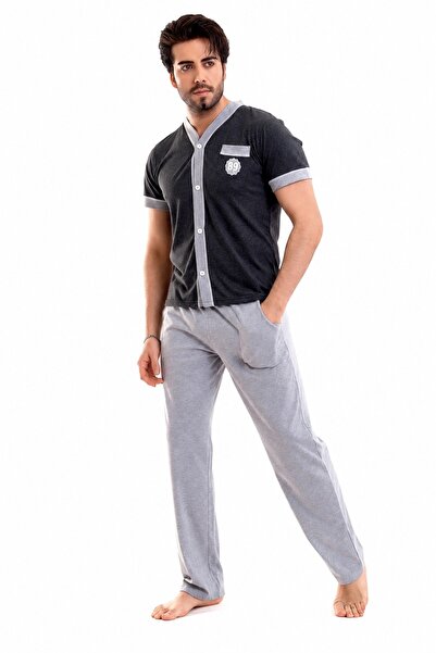 CottonVia Men's Pajama Set, Front Buttoned, Short Sleeve, 100% Cotton, 30/1 C...