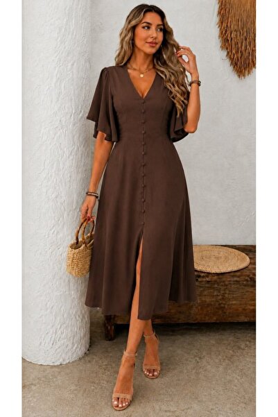 civetta Women's short butterfly sleeve v-neck front slit button-down midi jan...