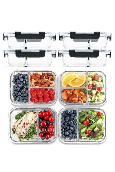 Generic TYCOM Glass Meal Prep Containers 2 & 3 Compartment 4 Pack 950 ML Glas...