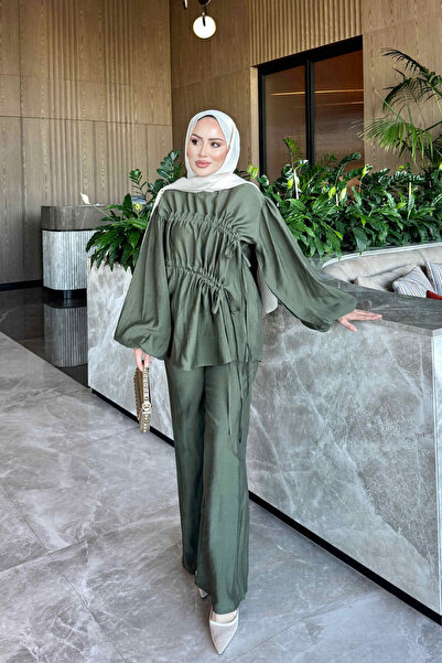 İmajButik Khaki Lace Detailed Tunic and Trousers Set