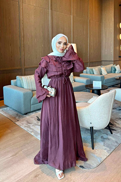 İmajButik Plum Collar Ruffled Waist Elastic Dress