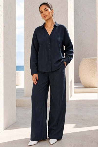 Madmext Navy Blue V-Neck Striped Shirt and Trousers Set Mg2852