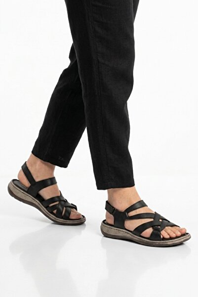AYAKMOD Black Genuine Leather Soft Sole Women's Sandals 22337 Z