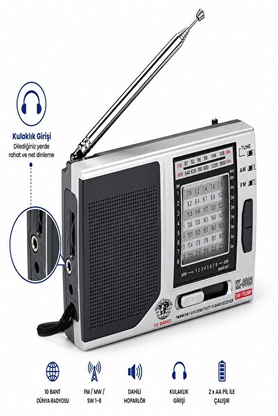 ULTRATEKNO KK-9803 10 Bantlı Dünya Radyosu FM MW SW Çok Bantlı Taşınabilir Cep Radyosu Deprem Çantası Acil Durum Kamp Radyosu 2xAA Pilli