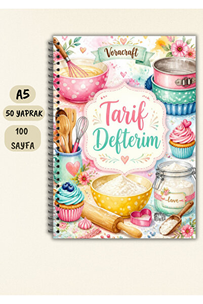 VORACRAFT Yemek Tarif Defteri, 50 Yaprak /100 Sayfa, A5 / Tel Spiral TRF0018