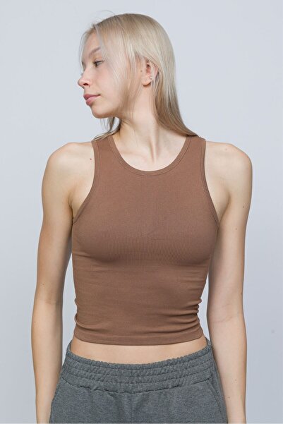 OBJE Women's Bronze Brown Ribbed Zero Sleeve Crop Tank Top