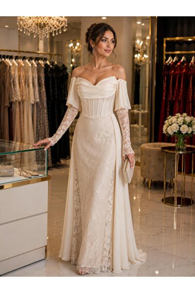 RENK Off-Shoulder Chiffon Long Formal Dress with Cape 5397