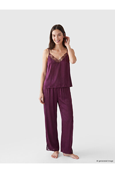 LC Waikiki Esvab • Modern & Distinctive Satin Women's Pajama Set with Lace De...