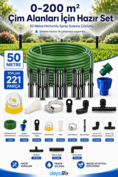 Depolife Bahçe Çim 0-200 m² Alanları İçin 50 Metre Hortum Sprey Sulama Seti 1...