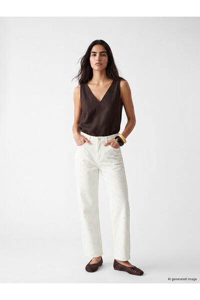 LC Waikiki Nevavm Straight Fit Pearl Embroidered Women's Jean Pants with a Di...