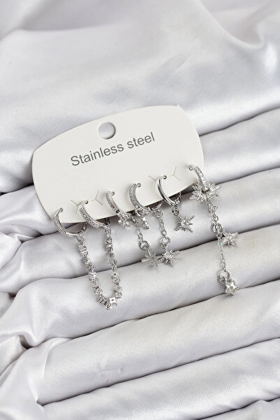 Clariss 316L Steel Silver Color Chain Detailed Zircon Stone Women's Earring Set