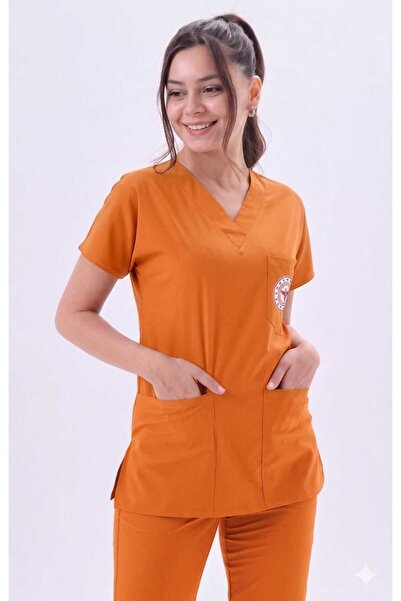 3K Medikal İş Elbiseleri Turuncu Likralı Kadın Doktor Hemşire Forması Takımı ...