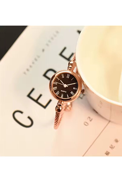 zerzembe Rose-SİYAH Ince Bileklik Yuvarlak Vintage&retro Saat