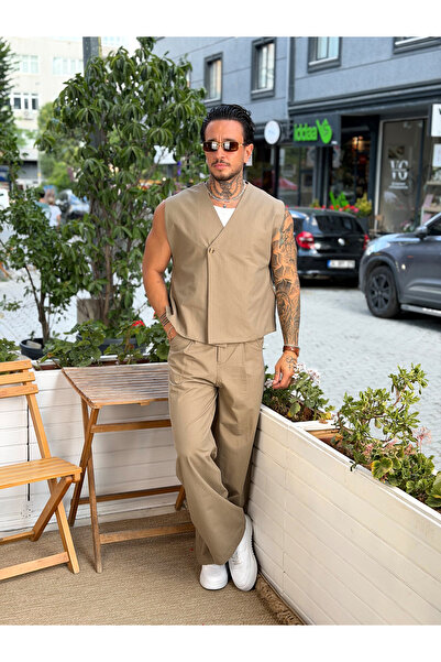 manch collection Linen Vest Baggy Trousers Set Earth Color