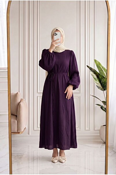 BENAHOLL Lunia Balon Kol Hakim Yaka Belted Vrn Dress-Ek124.12 Plum