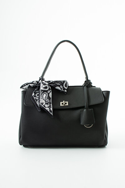 LOTUSVİE Women's Black Silver Lock Accessory Detailed Hand and Shoulder Bag