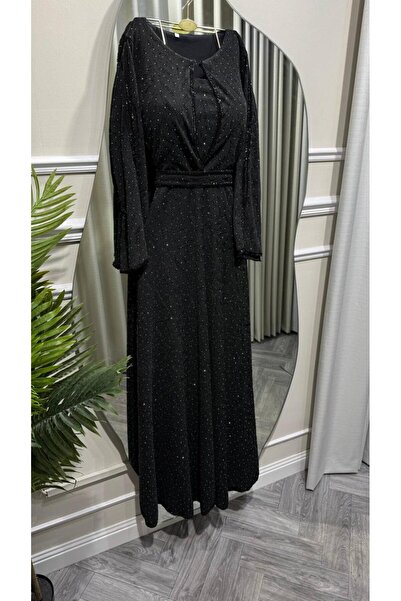 led style Shiny Evening Dress with Flared Sleeves and Waist Belt