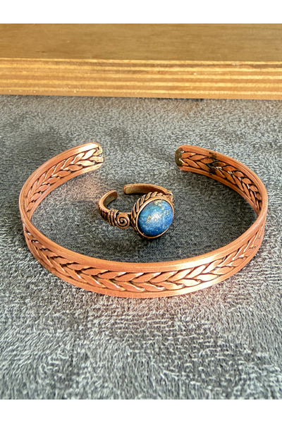 Rupen Kraft Handcrafted copper bracelet and natural stone ring set, adjustabl...
