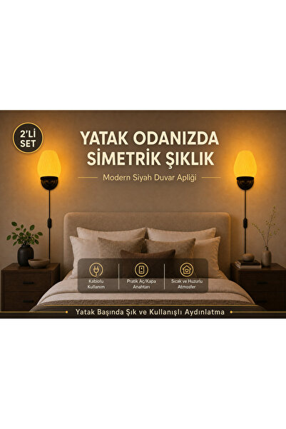 Linia Home Modern Siyah Kablolu Duvar Apliği 2'li Set Anahtarlı Başucu Lambas...