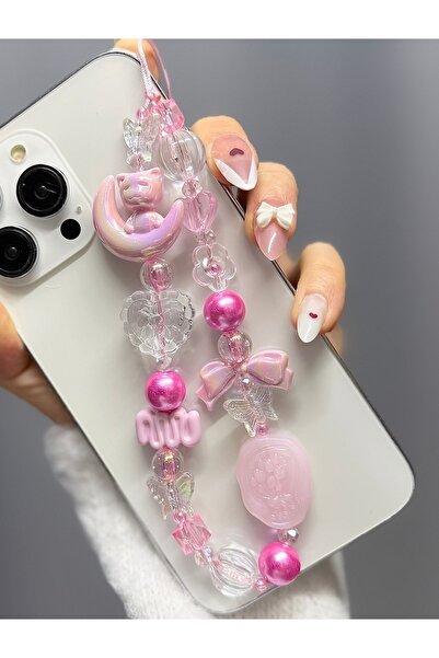 MİRAZ TASARIM Pembe Premium Boncuklu Telefon Charmı Kamera Charmı İnci Fiyonk...
