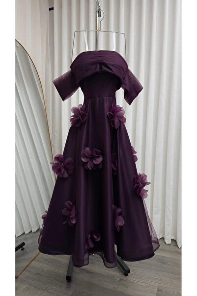 SERA Purple Evening Dress with Triple Rose Decoration