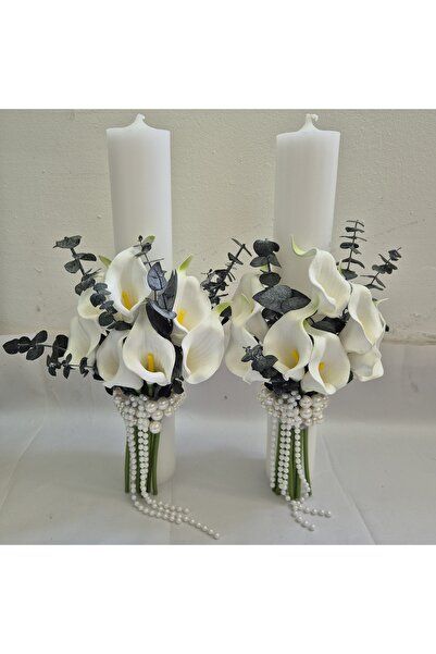 Yellow Tulip Set 2 lumanari nunta/cununie 40cm, cale real touch, eucalipt sta...