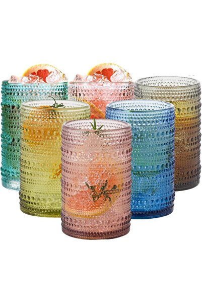 SPNOR Colored Hobnail Drinking Glasses Set of 6,Embossed Beaded Glass Cups,45...