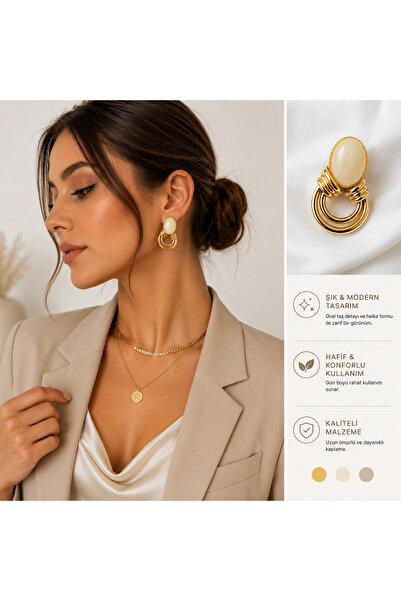 kasımoğulları concept Gold Color Natural Stone Detailed Multiple Hoop Women's...