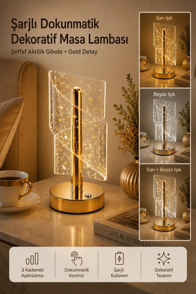 Tilbe Home Gold Spiral Efektli Şarjlı LED Masa Lambası Akrilik Kristal Görünü...