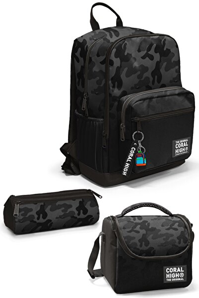 Coral High Black Camouflage Patterned 3-Piece School Bag Set Set0133238