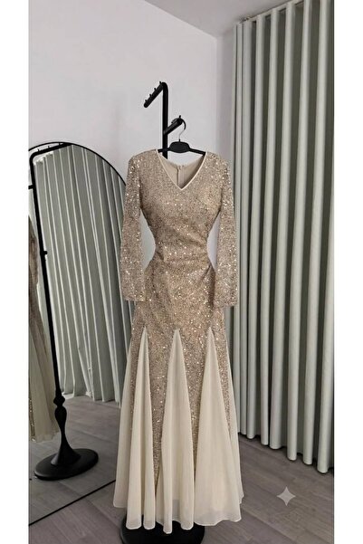 GORI FASHION Beige Evening Dress with Long Sleeves