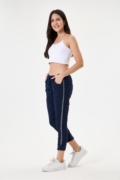 della moor Women's Navy Blue Italian Lycra Trousers with Side Stripes and Lac...