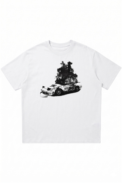 DASH WEAR Burning Car Printed White Oversize Crew Neck T-Shirt