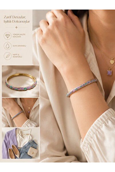 kasımoğulları concept Purple Engraved Gold Color Flower Patterned Handcuff Br...