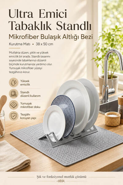 Anadolu Saray Ultra Emici Standlı Mikrofiber Bulaşık Kurutma Matı 38x50 cm Ta...