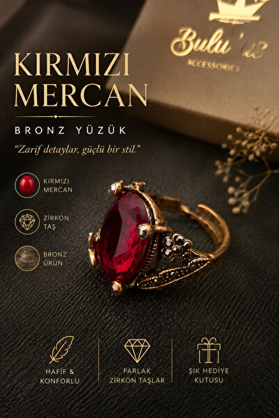 BULU'US ACCESSORIES Bulu'us Kırmızı Mercan Taşlı Bronz Yüzük – Vintage Tasarı...