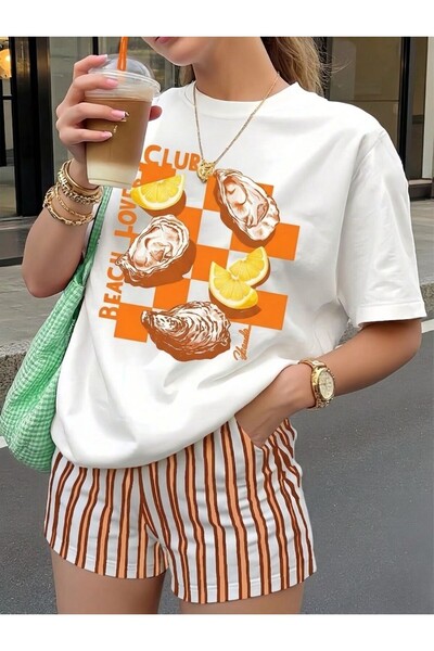 LELVANİ Unisex Beach Love Club Lemon Printed Crew Neck T-Shirt