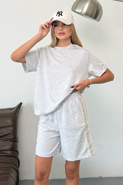 GİYSA Women's Crew Neck Shorts Two-Piece Set Gray - 26872