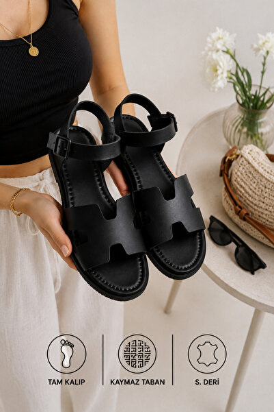 STOCON Sandale cu cataramă Luna H Cut, negre, elegante, casual, cu talpă conf...