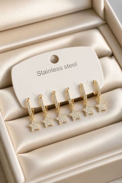 LYKOS Steel Gold Color Set of 6 Star Model Women's Earrings
