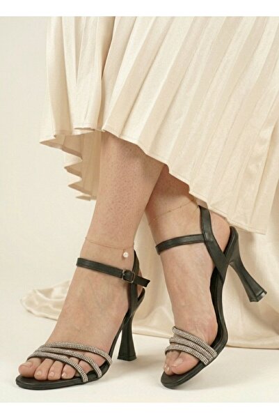 Gönbeler 8 cm Thin Heeled Women's Sandals with Stone Detail - Stylish Evening...