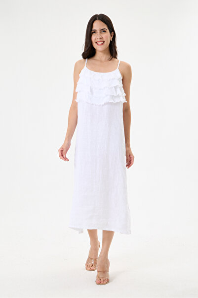 della moor White Italian 100% Linen Dress with Tassel Collar and Adjustable S...