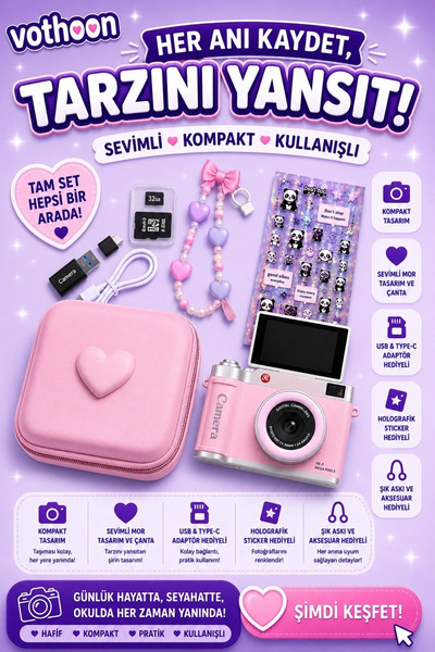 4K Çantalı Dijital Retro Video Kamera 48Mp 16X Zoom Işıklı (32Gb) Kart Dijital Fotoğraf Makinesi Pem