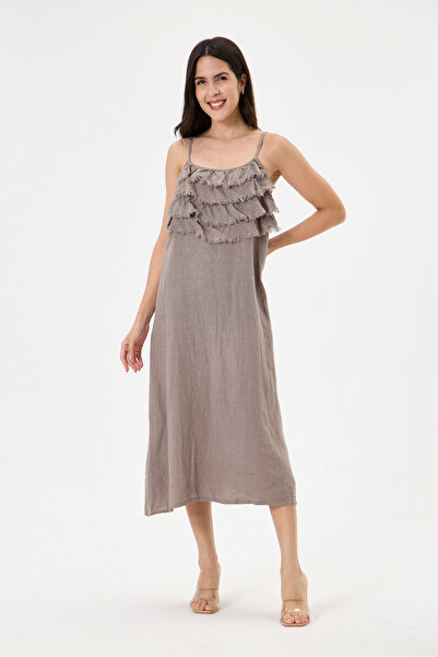 della moor Mink Italian 100% Linen Dress with Tassel Collar and Adjustable St...