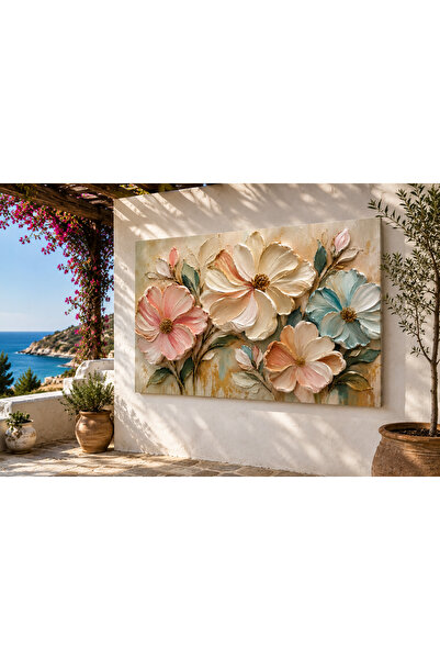 EvimeTablo Pastel Çiçek Kanvas Tablo – Modern Floral Duvar Tablosu – Bej, Pud...