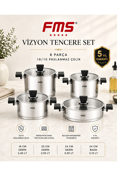 FMS Vizyon 8 Piece Cookware Set |   18/10 Stainless Steel |   5 Years Warrant...