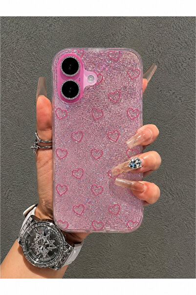 MustCase iPhone 16 Uyumlu Pembe Kalp Desenli Holografik Telefon Kılıfı Parlak...