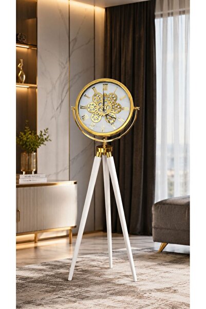 Muyika Design Beyaz Tripod Ayaklı Aktif Çarklı Saat 150 cm Gold Metal Kasa MU...