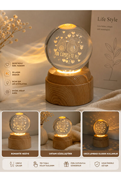 Eliora 3D Kristal Küre Gece Lambası Ahşap Tabanlı USB Led Işıklı – You Complete Me