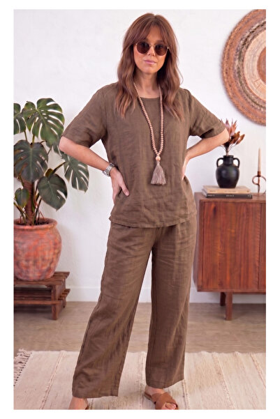 Little Visqon Women's Linen Textured Loose Fit Pants and Blouse Two-Piece Set